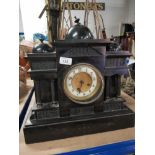 BLACK SLATE MANTLE CLOCK WITH BRASS DIAL NEEDS ATTENTION