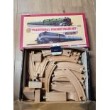 A BOXED TRADITIONAL WOODEN TRAIN SET BY HOUSE OF MARBLES AND BOX OF WOODEN TRACK