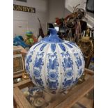 COVERED BLUE AND WHITE PUMPKIN LIDDED VASE