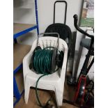 2 SETS OF 4 PLASTIC GARDEN STACKING CHAIRS A HOSE REEL ETC