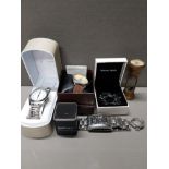 BOX OF WRISTWATCHS PLUS COSTUME BROOCH AND RINGS ETC