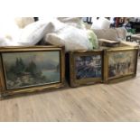 3 PRINTS OF FRENCH STREET SCENES AND MOUNTAINS IN ORNATE GILT FRAMES