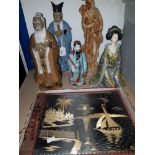 ORIENTAL STYLE POST CARD ALBUM TOGETHER WITH 5 ORIENTAL STYLE FIGURES