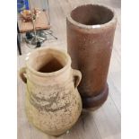 TWIN HANDLED POTTERY URN AND CHIMNEY POT