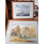 ORIGINAL WATERCOLOUR OF ST MARYS LIGHTHOUSE BY PETER HOBART TOGETHER WITH WATERCOLOUR BY EVE S