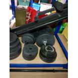BENCH PRESS BAR WITH LOOSE WEIGHTS AND BENCH PLUS 2 DUMBBELLS