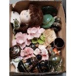 BOX OF PERFUME BOTTLES CANDLE HOLDERS AND CHINA DOLLS HEAD ETC