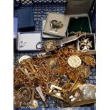 CRATE OF COSTUME JEWELLERY INCLUDES GILT NECKLACE AND PIG BROOCH ETC