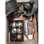 TRAY LOT INCLUDES GILT COINS AND SMITHS POCKET WATCH ETC