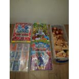 4 MATCH ATTAX TRADING CARD COLLECTORS BINDER AND A BOX CONTAINING JENGA BLOCKS