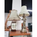 GOLD CHERUB TABLE LAMP AND SHADE WITH GREEN AND WHITE FLORAL PATTERNED LAMP AND SHADE