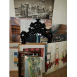 A SUBSTANTIAL AMOUNT OF PICTURES AND PRINTS AND MIRRORS ETC