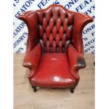 RED LEATHER CHESTERFIELD WING BACK ARMCHAIR