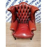 RED LEATHER CHESTERFIELD WING BACK ARMCHAIR