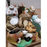 A BOX OF ASSORTED WARE INC MARBLE EFFECT ELEPHANT ORNAMENTS HORNSEA WARE ETC