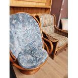 1 WICKER CONSERVATORY ARMCHAIR AND 1 CANE SWIVEL ARMCHAIR