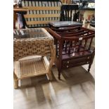 WICKER OCCASIONAL TABLE WITH GLASS TOP TOGETHER WITH A MAHOGANY CANTERBURY WITH 2 DRAWERS