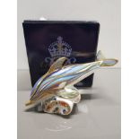 ROYAL CROWN DERBY PAPERWEIGHT STRIPED DOLPHIN WITH GOLD STOPPER AND ORIGINAL BOX