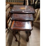 INLAID MAHOGANY NEST OF 3 TABLES WITH GLASS TOPS