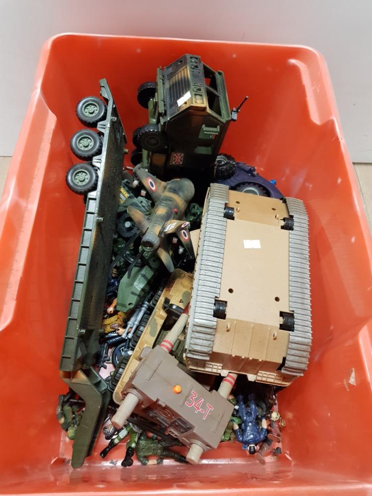 A BOX OF ASSORTED TOYS INC MILITARY VEHICLES ETC