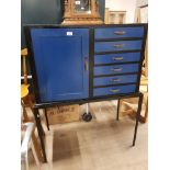 BLACK AND BLUE PAINTED UNIT WITH 1 CUPBOARD AND 6 DRAWERS ON CUSTOM STAND