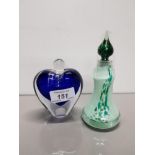 A GLASS HEART SHAPED PERFUME BOTTLE TOGETHER WITH ONE OTHER