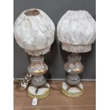 ANTIQUE GLASS AND PAINTED TABLE LIGHTS WITH BRASS FISH AND COMPOSITE BASE