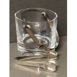 MODERN CRYSTAL ICE BUCKET WITH SILVER HANDLE AND ICE TONGS HALLMARKED SHEFFIELD 2001