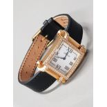 18CT YELLOW GOLD CORUM WATCH WHITE DIAL DIAMOND BEZEL AND SHOULDERS BLACK LEATHER STRAP DIAMOND