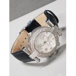 LADIES STAINLESS STEEL AQUAMASTER WATCH WITH MOTHER OF PEARL DIAL DOUBLE ROW DIAMOND BEZEL BLACK