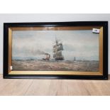 WILLIAM THOMAS NICHOLS BOYCE SHIPPING OFF THE NORTH EAST COAST WATERCOLOUR 25X52CM SIGNED BOTTOM