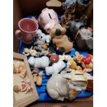 BOX OF MISCELLANEOUS PIG ORNAMENTS AND PIGGY BANK ETC