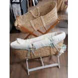 2 TWIN HANDLED MOSES BASKETS AND 2 X FRAMED FOLDING STANDS