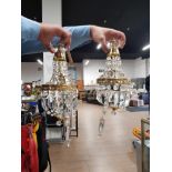 2 BRASS CHANDELIERS WITH CRYSTAL DROPS