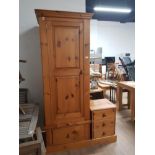 PINE SINGLE DOOR OVER 1 DRAWER WARDROBE TOGETHER WITH 3 DRAWER PINE BEDSIDE CHEST