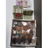 BOX OF MISCELLANEOUS COINAGE AND ONE DOLLAR NOTES ETC