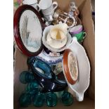 BOX OF CHINA AND GLASSWARE INCLUDES POOLE DOLPHIN AND ANNIVERSARY CLOCK ETC