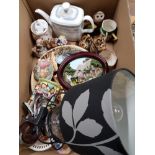 BOX OF MISCELLANEOUS CHINA PIECES ROYAL DOULTON TEAPOT AND PLAQUE PLUS PENDELFIN RABBITS ETC