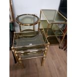 3 PIECES OF BRASS EFFECT FRAMED AND GLASS TOPPED FURNITURE INCLUDES 2 TROLLEYS AND NEST OF 3 TABLES