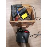 A WOODEN BOX CONTAINING BINOCULARS AND ASSORTED TOOLS INC HAMMER DRILL ETC