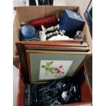 2 BOXES OF ASSORTED WARE INC ROYAL DOULTON CANDLESTICKS COLOURED GLASS ETC