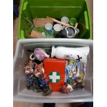 2 BOXES OF ASSORTED WARE INC GNOMES VASES KETTLE ETC
