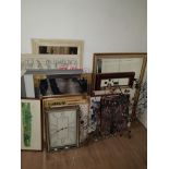A LOT CONTAINING A CLOCK MIRRORS PRINTS ETC