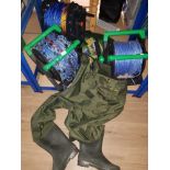 3 LARGE ROPES ON REELS AND FISHING WADERS