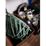 BOX OF CERAMIC AND GLASSWARE PLUS METAL HANGING WALL POCKETS AND WICKER BOX ETC
