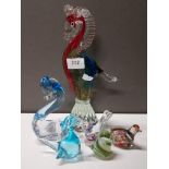 SMALL SELECTION OF COLOURED GLASS BIRDS AND HORSE