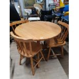 PINE CIRCULAR TOPPED KITCHEN TABLE TOGETHER 3 WITH COUNTRY KITCHEN CHAIRS