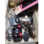 METAL CASE CONTAINING MISCELLANEOUS PIECES INCLUDING VINTAGE SALTERS SPRING BALANCE SCALES AND