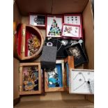 BOX OF MISCELLANEOUS COSTUME JEWELLERY AND 3 SMALL WOODEN JEWELLERY BOXES