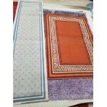 BEIGE AND BLUE HALL RUNNER TOGETHER WITH ORANGE GREEK KEY PATTERNED RUG